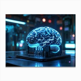 Cybernetic Brain Computer Interface Glowing With Neon Circuitry Entwined With Holographic Digital S (1) Canvas Print