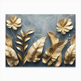 Gold Floral Plants And Palm Leaves 3d Illustration, Grey Background, Abstract Tropical Leaves, Banana Leaves 1 Canvas Print