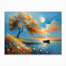 Delicate Lone Tree And A Small Boat Canvas Print