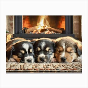 Cosy Puppies by the fire 2 Canvas Print
