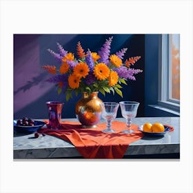 A Still Life Image Of A Vase Filled With Orange And Purple Flowers, Placed On A Table With A Red Cloth, Two Glasses, And A Bowl Of Fruit Canvas Print