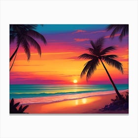 A Tranquil Beach At Sunset Horizontal Illustration 38 Canvas Print