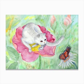 Cats Have Fun The Gray Cat On A Pink Flower Hunts A Butterfly Canvas Print