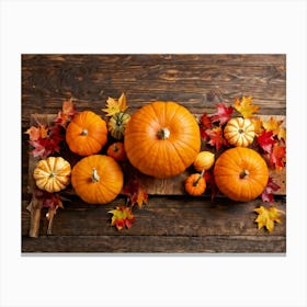 Autumn Themed Table Decoration Scattered Maple Leaves In Warm Shades Intermixed With Small Pumpkin (4) Canvas Print