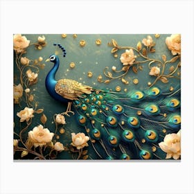 3d Artwork Peacock Illustration Background With Golden Jewelry And Flowers 1 Canvas Print