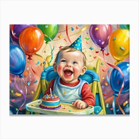 Baby Celebrating Birthday With Cake And Balloons Canvas Print