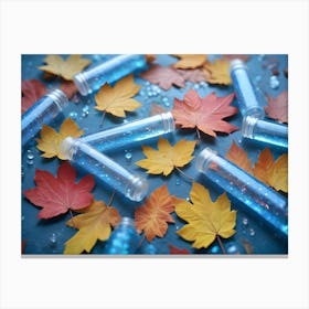 Autumn Leaves And Test Tubes With Blue Liquid Scattered On A Blue Surface Canvas Print