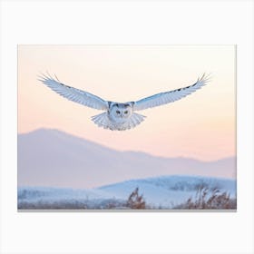 Snow Capped Mountains Under A Soft Pink Sunrise Skyline An Elegant White Owl With Vibrant Yellow Ey Canvas Print