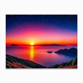 An Ultra Clear Digital Render Of The Setting Sun Hanging Low On The Horizon Drawn With Vibrant Saff Canvas Print