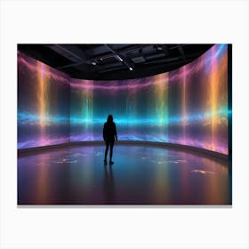 A Lone Figure In Silhouette Stands In A Large, Futuristic Room, Gazing At A Curved, Multi Panel Display Of Abstract, Colorful, Glowing Light Patterns, Resembling A Cosmic Landscape Or Energy Flow Canvas Print