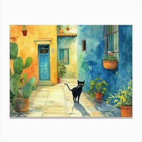 Black Cat In Latina, Italy, Street Art Watercolour Painting 1 Canvas Print
