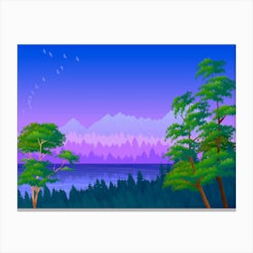 Landscape Illustration Nature Sky Twilight Trees Forest Blue Purple Green Water Lake Canvas Print