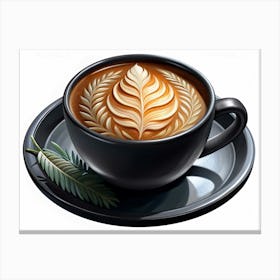 A Close Up Of A Black Coffee Cup With A Latte Art Design Of A Leaf, On A Black Saucer With Two Green Leaves Canvas Print