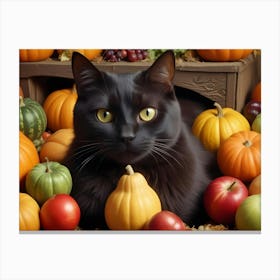 Black Cat Sitting In A Pile Of Pumpkins Fall Decor Canvas Print