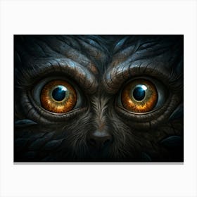 A Close Up Of Two Large, Bright Orange Eyes With Blue Pupils, Set In A Dark, Textured Face With Leaves Canvas Print