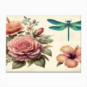 Dragonfly And Roses 2 Canvas Print