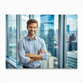 Smiling Businessman With Arms Crossed Standing By A Window Canvas Print