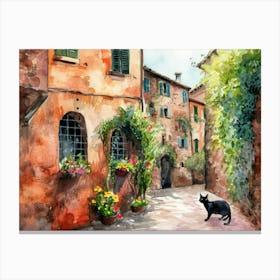 Black Cat In Perugia, Italy, Street Art Watercolour Painting 2 Canvas Print