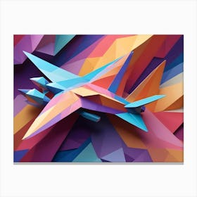 Low Poly Airplane In Shades Of Blue, Orange, And Pink Against A Colorful, Geometric Background Canvas Print