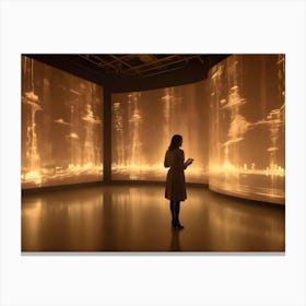 A Woman In A Dress Stands In A Room With A Curved Wall Displaying A Digital Cityscape With Glowing Lines Canvas Print