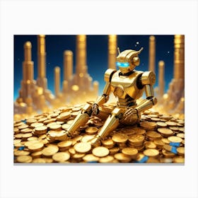 A Golden Robot Sitting On A Pile Of Gold Coins, Representing Wealth, Technology, And The Future Canvas Print