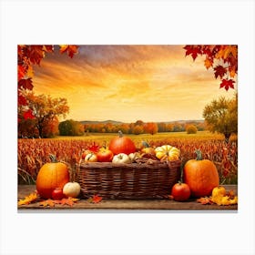 Autumnal Farm Landscape Pumpkins And Cornstalks Surround A Rustic Wooden Basket Filled With Apples (3) Canvas Print