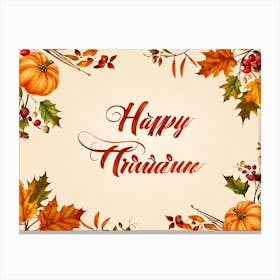 Calligraphy Of Happy Thanksgiving In Elegant Flowing Script Intertwined With Autumnal Motifs Suc (2) Canvas Print