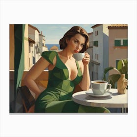 Woman in Green Dress Drinks Coffee Canvas Print