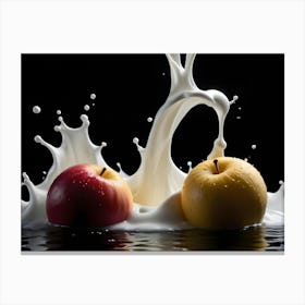 Two Red And Yellow Apples Partially Submerged In A Milk Splash, Creating A Dramatic And Dynamic Scene Canvas Print