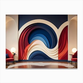 A Modern Interior Design With Two Red Armchairs Placed In Front Of A Wall With A 3d, Abstract Art Piece Canvas Print