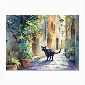 Black Cat In Ravenna, Italy, Street Art Watercolour Painting 3 Canvas Print