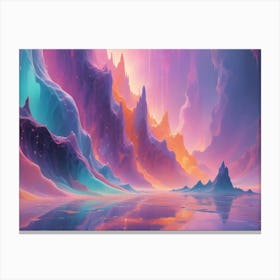 A Vibrant Fantasy Landscape Of Colorful, Wavy Mountains And Clouds, A Still Lake, And Sparkling Lights, Resembling A Dreamscape Or An Alien Planet Canvas Print