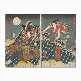 Vertical Ōban Diptych; Two Figures Engaged In A Battle On A Black, Blue And White Roof, With Clouds Below And Moo Canvas Print