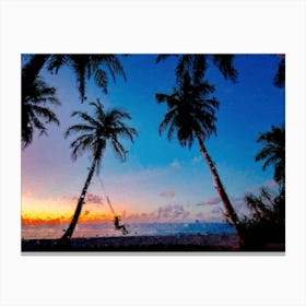 Beach, Sunset, Palm, Oil Painting Canvas Print