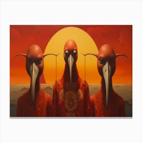 Three Red Hens In Front Of An Orange Sky In The Style Canvas Print