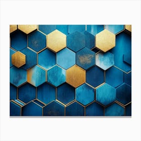 Geometric Hexagon Abstraction On Blue Background With Gold Accents 2 Canvas Print