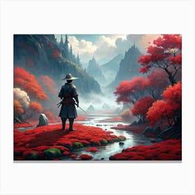 Samurai In A Red Autumn Forest Canvas Print