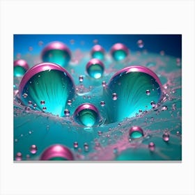 Close Up Of Colorful, Reflective Spheres Floating On A Turquoise Liquid Surface, With Splashes And Droplets Adding To The Dynamic Scene Canvas Print