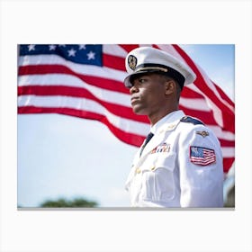 A Reverent Soldier Dressed In An Immaculate Uniform To Honor Memorial Day Stands I Front Of A Flut Canvas Print