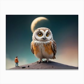 A Small, Miniature Man Stands On A Hill In The Foreground Looking Up At A Large Owl With Orange Eyes Canvas Print