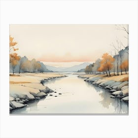 A Watercolor Painting Of A River Winding Through A Valley With Trees On Either Side Canvas Print