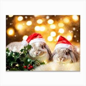 Christmas Bunnies Wearing Pastel Colored Santa Hats Nestled Among Soft Focus Holly Leaves Backlit Canvas Print