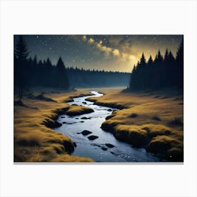 Winding River Flowing Through A Grassy Meadow In A Dense Forest Under A Starry Night Sky, Creating A Serene And Mystical Atmosphere Canvas Print