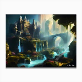 A Mystical Castle By The Waterfalls - Colorful Painting Canvas Print