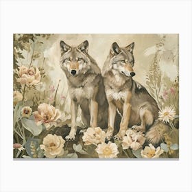 Floral Animal Illustration Timber Wolf 3 Canvas Print