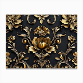 Elegant Leather Base Golden Floral Seamless Damask Flowers with Golden Peacocks Isolated on Black Background Canvas Print