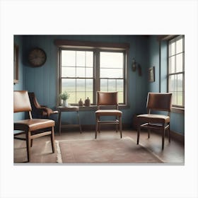 A Cozy Interior Scene Of A Room With Blue Walls, Wooden Floors, And Three Brown Leather Chairs Arranged Around A Small Table Canvas Print