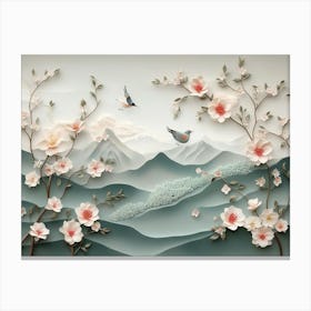 3d Floral with Branches, Birds and Mountains Canvas Print