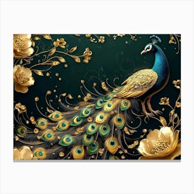 3d Peacock with Golden Jewelry art and Flowers Canvas Print