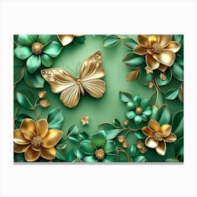 3d Abstract Floral Background with Green Flowers and Golden Butterfly Canvas Print